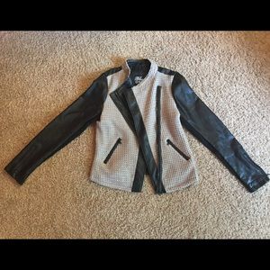 Blanc Noir Leather and Beige Crochet Jacket